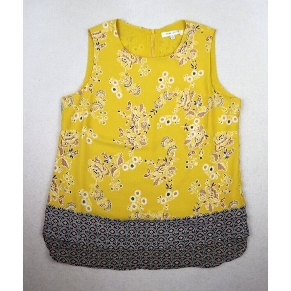 ROSE & OLIVE - WOMENS YELLOW PRINT SLEEVELESS TOP BLOUSE - SIZE M